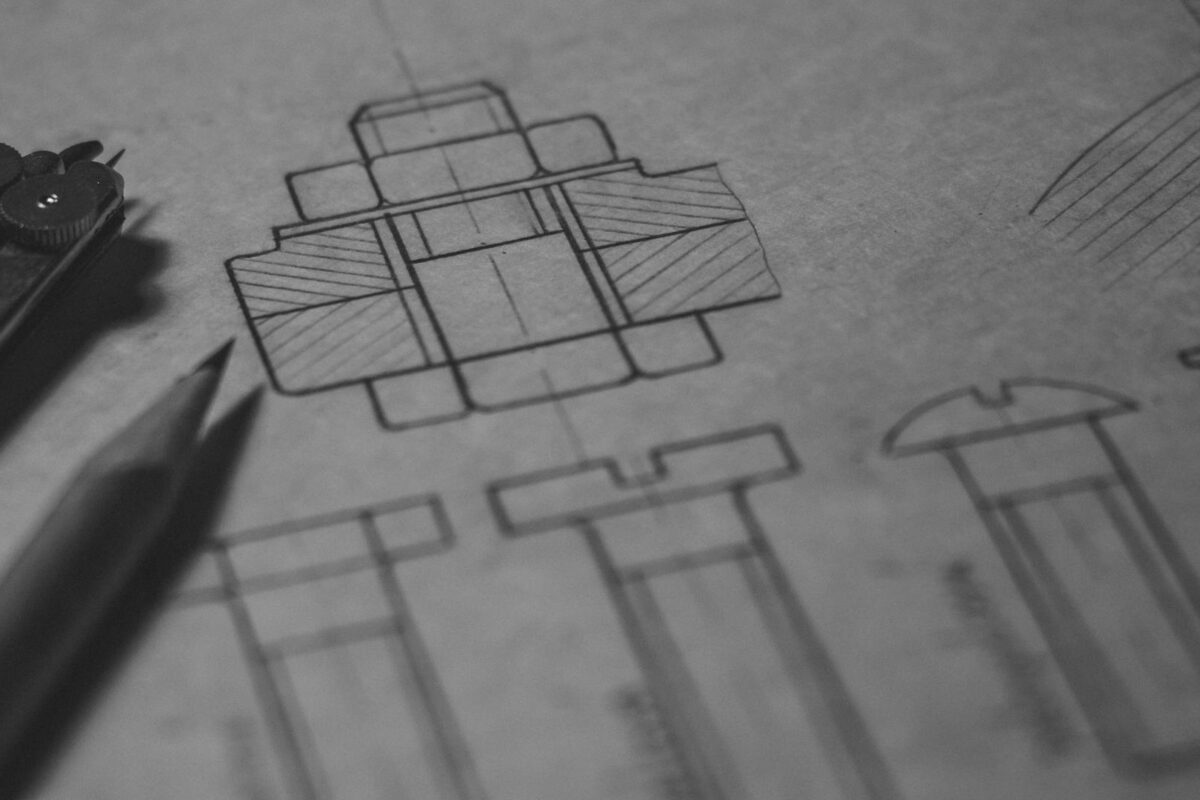 Gray picture of a close-up view of a technical drawing